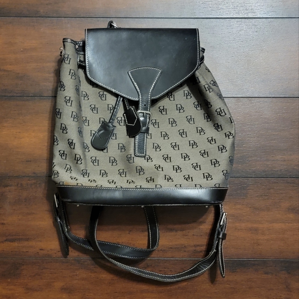 Vintage Dooney & Bourke DB Monogram Signature Canvas and Leather Backpack